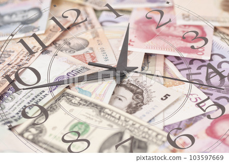 Clock face with International currencies. Time is money concept, illustration. Clock face with International currencies. Time is money concept, illustration. 103597669