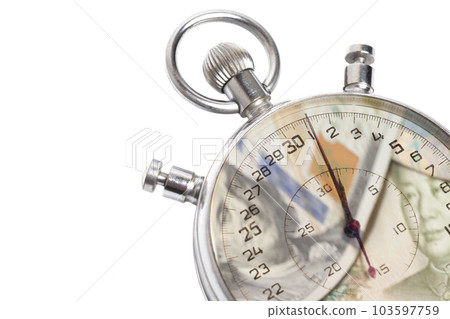 Stopwatch with International currencies inside. Time is money concept Stopwatch with International currencies inside. Time is money concept 103597759
