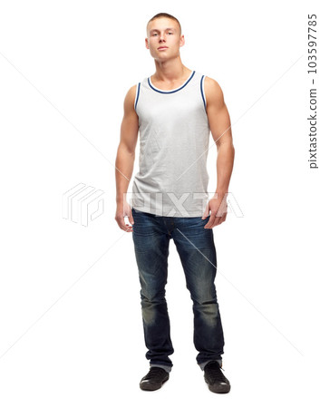 Man, confident and portrait with fashion and modern style in a studio. White background, jeans and young male model with muscles and clothing with youth and attitude feeling proud with confidence Man, confident and portrait with fashion and modern style in a studio. White background, jeans and young male model with muscles and clothing with youth and attitude feeling proud with confidence 103597785