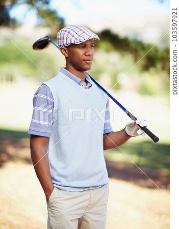 Sports, relax and health with black man on golf course for training, competition and game. Hobby, fitness and exercise with male golfer and club in outdoors for golfing, summer and workout practice 103597921