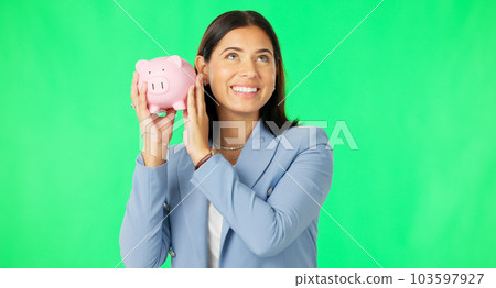 Business woman, money and savings on green screen for investment, budget or finance against studio background. Portrait of happy female smile holding piggybank for coin, profit or investing on mockup Business woman, money and savings on green screen for investment, budget or finance against studio background. Portrait of happy female smile holding piggybank for coin, profit or investing on mockup 103597927