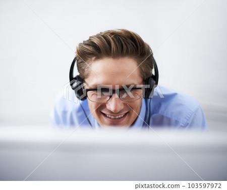 Office computer, face and happy man reading, smile and happiness for script success, software code or IT work. Information technology, cybersecurity developer or closeup person listening to music Office computer, face and happy man reading, smile and happiness for script success, software code or IT work. Information technology, cybersecurity developer or closeup person listening to music 103597972