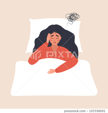 Insomnia concept. Tired and upset woman suffer from headache. Sleepless girl lying in bed and thinking about problems. Vector illustration in flat cartoon style. Pregnancy or menopause 103598091