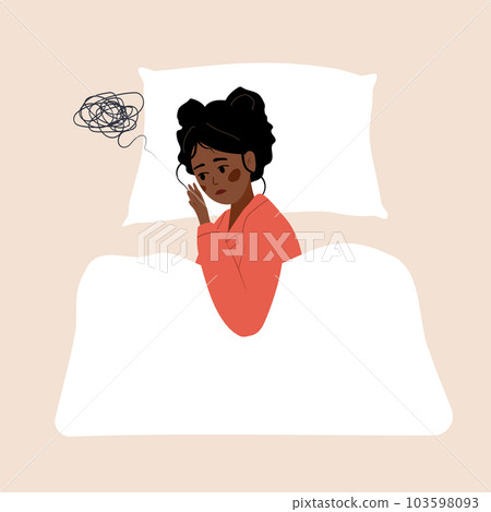 Sleep disorder. Tired african woman suffer from insomnia. Sleepless girl lying in bed and thinking about problems. Vector illustration in flat cartoon style. Pregnancy or menopause 103598093