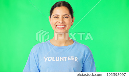 Volunteer, face and happy woman on green screen in studio for community service, help and welfare. Portrait, female model and volunteering for humanitarian project, social care and support of charity 103598097