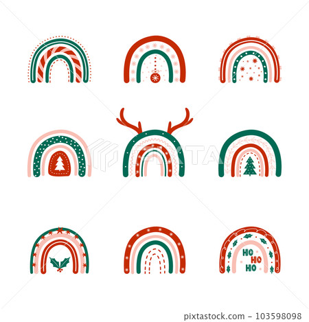 Christmas rainbows with new year elements. Winter clipart set in boho style. Vector fun childish illustration for posters, stickers, textile, logo, greeting cards 103598098