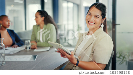 Business, woman and portrait with tablet in office for online planning, strategy and smile. Female worker working on digital technology for productivity, connection and happiness in startup company Business, woman and portrait with tablet in office for online planning, strategy and smile. Female worker working on digital technology for productivity, connection and happiness in startup company 103598138
