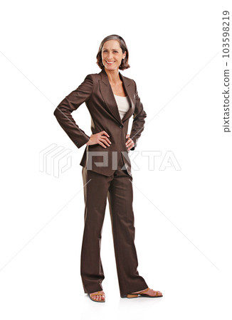 Portrait, business woman and happy akimbo in studio isolated on a white background. Motivated, boss and mature female ceo, professional and executive from Australia with smile for confidence mindset. Portrait, business woman and happy akimbo in studio isolated on a white background. Motivated, boss and mature female ceo, professional and executive from Australia with smile for confidence mindset. 103598219