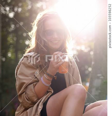 Beer, portrait and smile of woman outdoor in woods, forest and summer vacation in nature. Happiness, sunglasses and female person with alcohol, beverage or liquor, having fun and enjoying holiday Beer, portrait and smile of woman outdoor in woods, forest and summer vacation in nature. Happiness, sunglasses and female person with alcohol, beverage or liquor, having fun and enjoying holiday 103598252