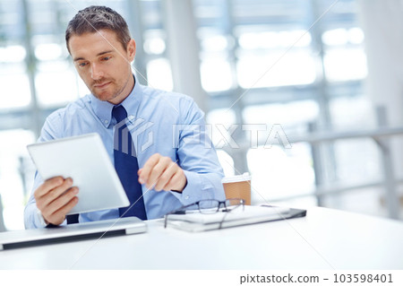 Thinking, networking or business man on tablet for invest strategy, finance growth or financial review. CEO or travel manager in office building planning, data analysis or economy data analytics read Thinking, networking or business man on tablet for invest strategy, finance growth or financial review. CEO or travel manager in office building planning, data analysis or economy data analytics read 103598401