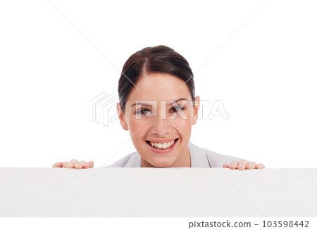 Portrait, mockup board and woman peeking over in studio isolated on a white background. Face, poster and happy female person with copy space, advertising and marketing, promotion and commercial. Portrait, mockup board and woman peeking over in studio isolated on a white background. Face, poster and happy female person with copy space, advertising and marketing, promotion and commercial. 103598442