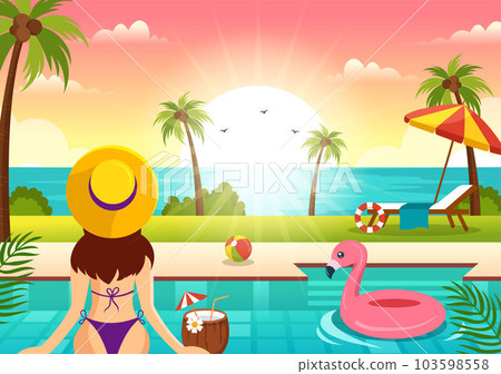 Swimming Pool Vector Illustration with Summer Vacation Landscape Concept and Swim Summer Activity in Flat Cartoon Hand Drawn Background Templates Swimming Pool Vector Illustration with Summer Vacation Landscape Concept and Swim Summer Activity in Flat Cartoon Hand Drawn Background Templates 103598558