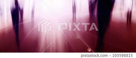 Blurred people walking in a fast motion in the street. Dizzy abstract image of busy city life and freedom. Graphic design of urban people doing their daily commute to work or downtown. 103598815