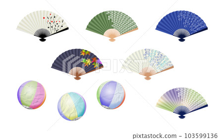 Fans and paper balloons designed with traditional Japanese patterns Fans and paper balloons designed with traditional Japanese patterns 103599136