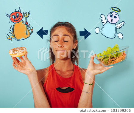 Woman thinks to eat donuts instead of a salad Woman thinks to eat donuts instead of a salad 103599206