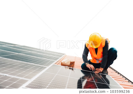 Workers assemble energy system with solar panel for electricity Workers assemble energy system with solar panel for electricity 103599236
