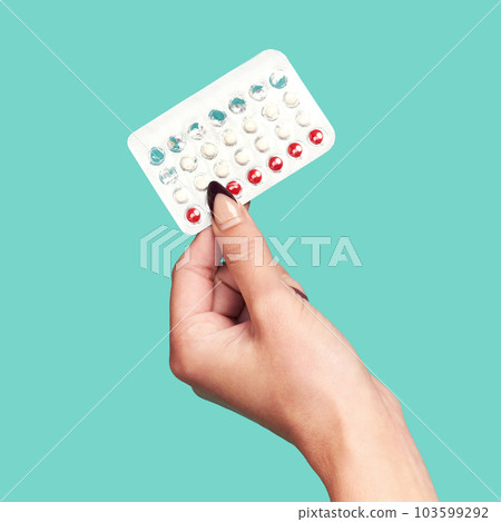 Woman hands, tablets and medication for birth control on mockup against a studio background. Hand of female holding contraception, healthcare product or medical prescription for market advertising Woman hands, tablets and medication for birth control on mockup against a studio background. Hand of female holding contraception, healthcare product or medical prescription for market advertising 103599292