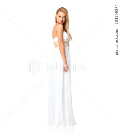 Fashion, beauty and portrait of woman in prom dress for party, celebration or formal with mockup. Couture, designer or luxury with girl in evening gown isolated on white background for elegant style 103599374