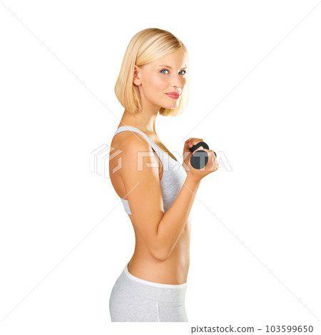 Fitness, dumbbell and portrait of a woman workout, training or exercise for strong muscle. Happy sports female isolated on png, transparent background for weightlifting, weight loss and body wellness 103599650