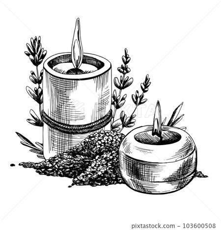 Sea salt and candles with lavender flowers. Hand drawn illustration, EPS graphic vector. Isolated composition on a white background. 103600508