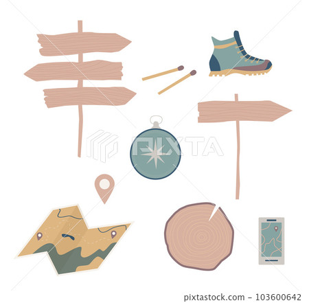 Set of doodle forest camping design elements. Hand drawn hiking and camping doodles perfect for summer camp flyers and posters. 103600642