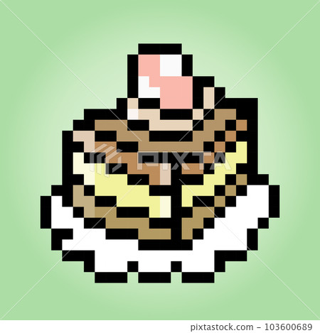 Pixel 8 bit A piece of cake. Birthday cake in vector illustration for game assets and cross stitch pattern. Pixel 8 bit A piece of cake. Birthday cake in vector illustration for game assets and cross stitch pattern. 103600689