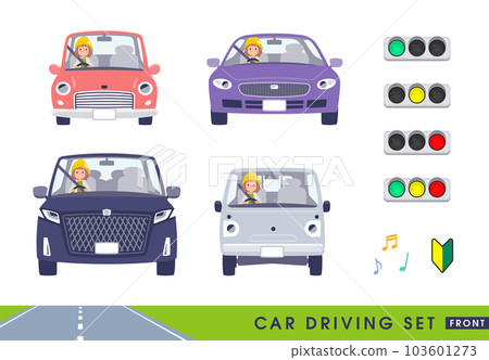 一組休閒時尚女性駕駛汽車。正面 一組休閒時尚女性駕駛汽車。正面 103601273