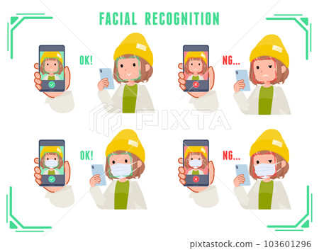 A set of casual fashion women who have face recognition on their smartphones A set of casual fashion women who have face recognition on their smartphones 103601296