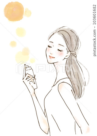 UV care illustration of a woman taking measures against sunburn and blemishes 103601682