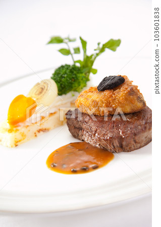 French course main beef steak topped with truffle stylish presentation stock image French course main beef steak topped with truffle stylish presentation stock image 103601838