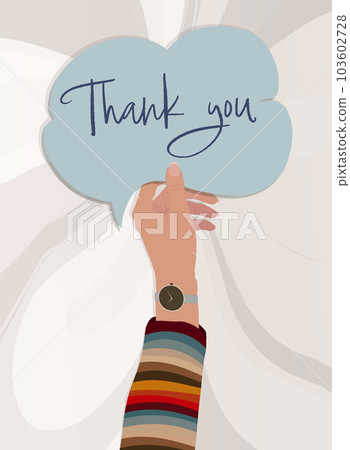 Hand raised of woman holding speech bubble with the text -Thank You- Gratitude and appreciation concept. Banner poster or template 103602728
