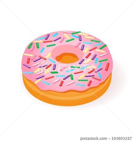 Pink donut icon. Isometric illustration of pink donut vector with colorful sprinkles isolated on white background Pink donut icon. Isometric illustration of pink donut vector with colorful sprinkles isolated on white background 103603287