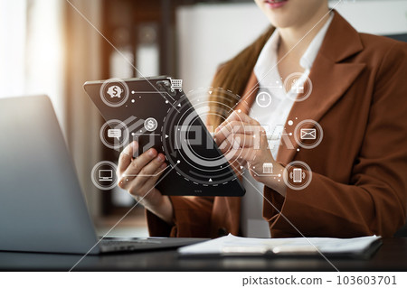 Business women hand using smart phone, mobile p payments online shopping, omni channel, digital tablet. 103603701