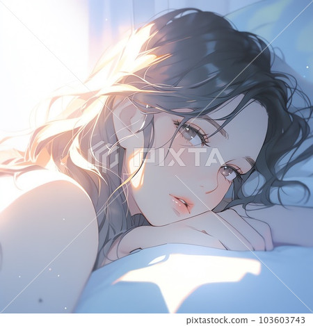 Waking up girl looking at this from bed | Generative AI 103603743