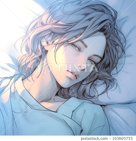 Waking up girl looking at this from bed | Generative AI 103603755