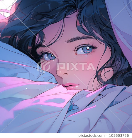 Waking up girl looking at this from bed | Generative AI 103603756