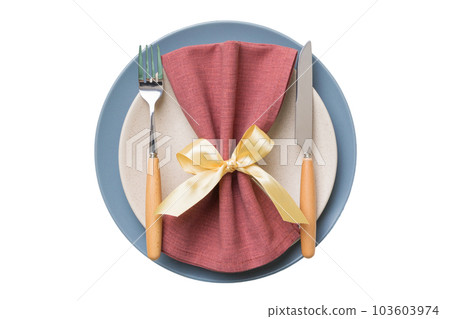 isolated christmas Plate with decor and fork and spoon. New year holiday background. Top view 103603974