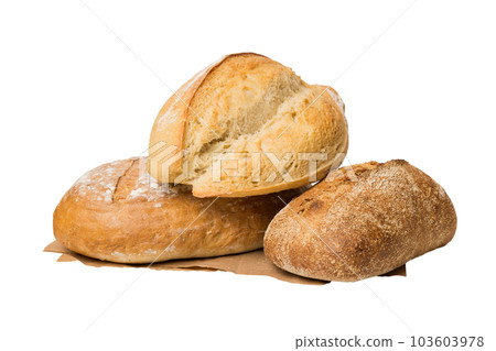 Homemade natural breads. Different kinds of fresh bread isolated on white background, perspective view with copy space 103603978