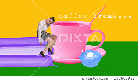 Young girl, employee feeling sleepy, lying in giant coffee cup. Need energy for work day. Contemporary art collage. Young girl, employee feeling sleepy, lying in giant coffee cup. Need energy for work day. Contemporary art collage. 103603988