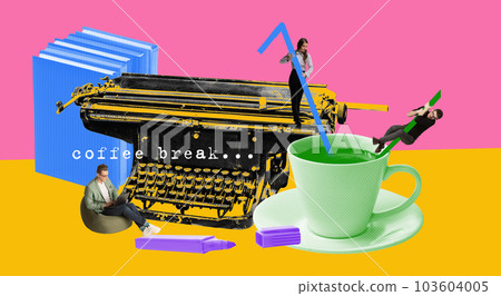 Concentrated young people, employees working in office, having lunch break with coffee, resting. Contemporary art collage. 103604005