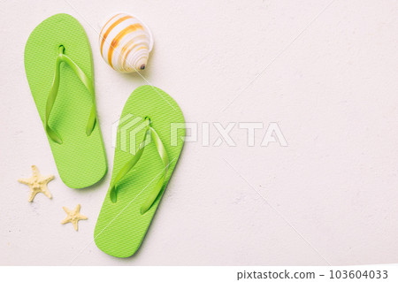Flat lay composition with flip flops and seashell on colored background. Space for text top view 103604033
