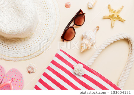 Summer vacation concept flat lay. beach accessories and towel top view. Space for text. travel concept Summer vacation concept flat lay. beach accessories and towel top view. Space for text. travel concept 103604151