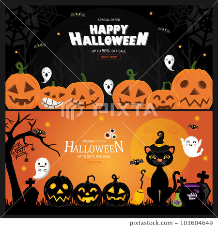 Halloween Sale Promotion Poster or banner with spooky flying ghosts, spiders,bats and scary pumpkins 103604649