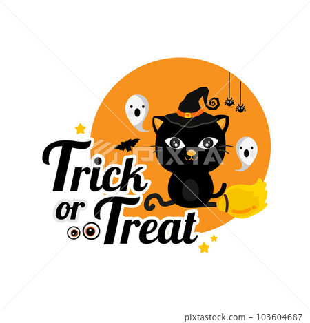 Happy Halloween greeting card with black cat in a witch hat. 103604687