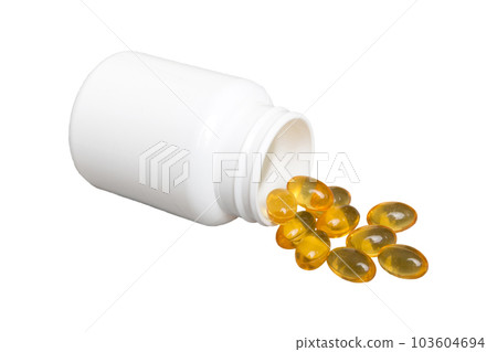 White medicines flow from container. medicine white pill bottle isolated on a white background 103604694