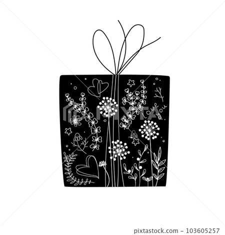 Gift box decorated with doodle hand drawn floral ornament. Birthday gift box isolated vector illustration. Design element for poster, bag, t shirt, greeting card, invitation. Gift box decorated with doodle hand drawn floral ornament. Birthday gift box isolated vector illustration. Design element for poster, bag, t shirt, greeting card, invitation. 103605257