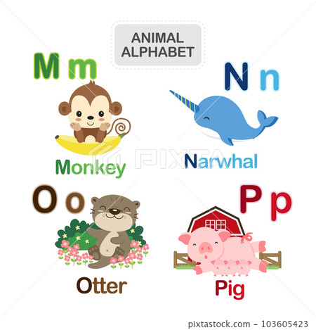 English alphabet with cute animals vector illustration. English alphabet with cute animals vector illustration. 103605423