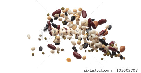 Alphabet letter wording "Bean" bead toy flying over explosion flying in air. Bean word alphabet letter show multi grain color difference of beans. White background isolated. Alphabet letter wording "Bean" bead toy flying over explosion flying in air. Bean word alphabet letter show multi grain color difference of beans. White background isolated. 103605708