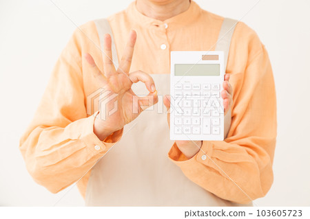 A senior female housewife in a casual appearance wearing an apron with a circle sign and a calculator 103605723