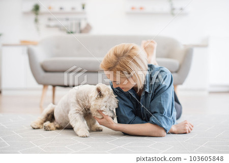 Lady fondling furry pet's muzzle on floor in modern house Lady fondling furry pet's muzzle on floor in modern house 103605848
